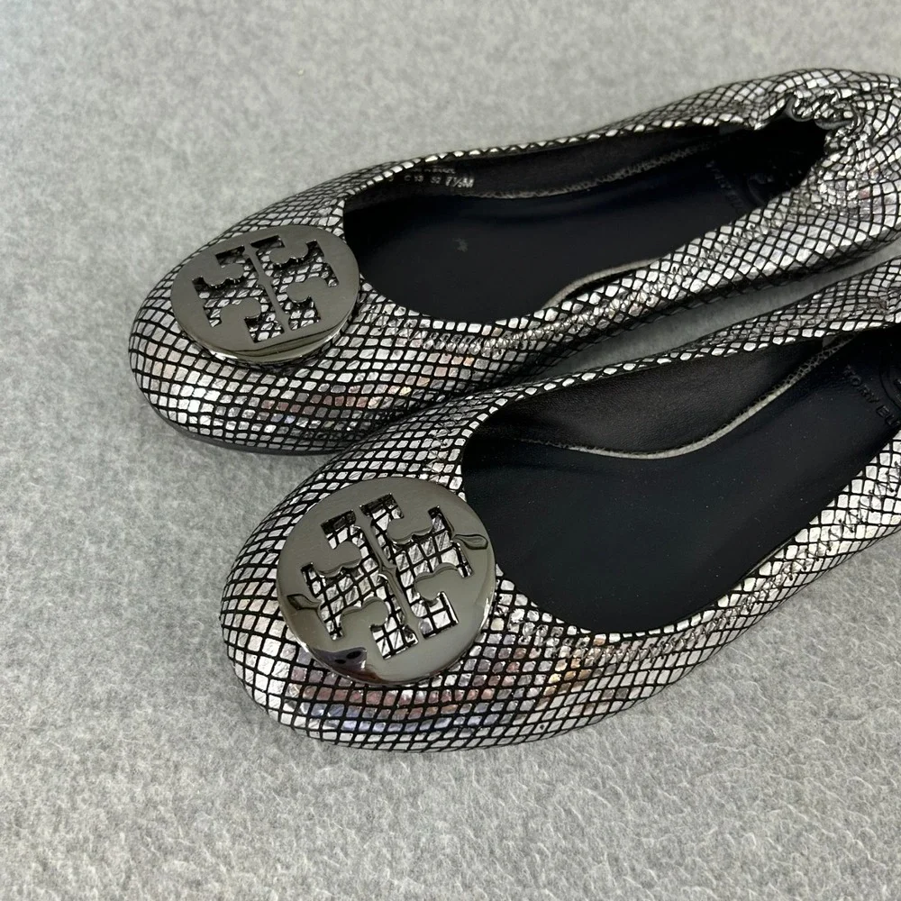 Tory Burch Platinum Silver Embossed Reva Leather Flats Slip On Shoes Size 7.5 M